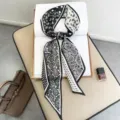 Black and white paisley twilly silk scarf for women, chic neck ribbon and bag accessory. - Black and White Paisley