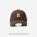 Brown baseball cap with white letter R embroidery, stylish casual cotton sun hat. - Adjustable (55-59cm) / R Badge / Coffee