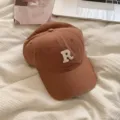 Brown baseball cap with embroidered letter R, stylish Korean design for autumn and winter wear. - 54-58cm (Adjustable) / Dark Khaki