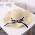 Summer women large brim straw hat beach sunhat with bowknot ribbon for outdoor travel. - Adult M / Beige