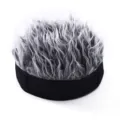 Close-up detail of the funny spiky faux hair skullcap, black beanie with grey wig top. - Adjustable / Rimless Gray-White Hair / Black