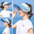 Summer wide brim sun visor hat for women, UV protection empty top beach cap with double shield. - Aro Three-Color Empty Top Pull Board / Blue