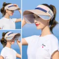 Womens summer empty top sun visor hat wide adjustable double brim outdoor UV protection - Aro Three-Color Empty Top Pull Board / Khaki