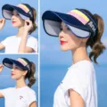 Navy Blue Sun Visor Empty Top Cap Summer UV Protection Wide Brim Hat For Women Fashion - Aro Three-Color Empty Top Pull Board / Navy Blue