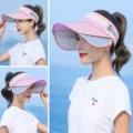 Pink empty top sun visor hat with double brim and side text for outdoor summer daily wear. - Aro Three-Color Empty Top Pull Board / Pink