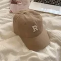 Brown baseball cap with white embroidered letter R, stylish autumn winter headwear accessory. - Light Khaki