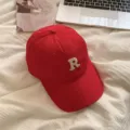 Red baseball cap with embroidered letter R, casual cotton duckbill hat for women and daily wear. - Bright Red