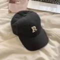 Black baseball cap with embroidered letter R, casual cotton dad hat for women, streetwear autumn style. - Dark Gray