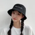 Black bucket hat for women, cute summer sun protection casual fisherman hat with white embroidery. - One Size / Streamline Black