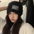 Black knitted beanie hat for women, retro Japanese style slouchy skull cap with cool patch. - 56-60cm Stretchy / Sewn Label Dazzling Black