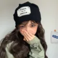 Japanese retro black knit beanie hat with creative stitched patch for women casual daily wear. - 56-60cm Stretchy / Long Sewn Label Black