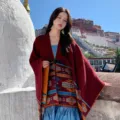 Ethnic style women shawl vintage geometric pattern cape versatile outdoor travel scarf - Bohemian Cloaks with Leather Buckle - Red
