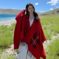 Red wool shawl cape with plaid pockets, stylish ethnic outerwear for women daily wear - Red Plaid Ponchos with Pockets
