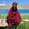 Red and black ethnic geometric knit shawl, oversized fashion cape for women travel beach. - Windmill Rhombic Grid Black & Red