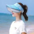 Light blue double brim sun visor hat, breathable empty top cap for outdoor summer sun protection. - Two-Bar Pull Board / Blue