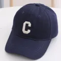 Kids navy blue baseball cap with white embroidered letter C, casual cotton duck tongue hat. - 48-52cm / Letter C Style / Navy Blue