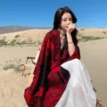 Ethnic style red black patterned oversized sun protection shawl, perfect for summer travel. - Red with Square Dot Pattern