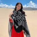 Ethnic style oversized black and white geometric scarf shawl, summer outdoor travel wrap variant. - Windmill Rhombic Grid Black & White