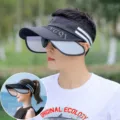 Summer sun visor hat for men, wide brim empty top anti-UV cap for fishing and outdoor riding. - Two-Bar Pull Board / Black