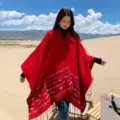 Ethnic style red cape shawl, vintage geometric pattern tassel wrap, casual outdoor variant. - Red Totem Rhombic Grid