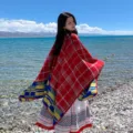 Oversized ethnic style red plaid shawl and cape for women, perfect for beach and travel. - Red Houndstooth Plaid