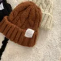 Cozy winter chunky knit beanie hat in caramel, black and off-white with cute stitched label. - M (56-58cm) / Caramel Brown