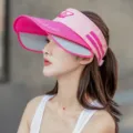 Women Pink Double Layer Sun Visor Hat Empty Top Wide Brim UV Protection Summer Beach Cap - Casual English Empty Top / Pink & Rose Red Brim