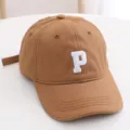 Kids brown baseball cap with white embroidered letter P, stylish casual adjustable hat. - 48-52cm / Letter P Style / Khaki