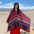 Ethnic style womens large poncho shawl geometric pattern summer beach travel sunscreen cape. - Wine Red Diamond