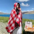 Oversized red and white hooded shawl, versatile summer sun protection beach cape for women. - Red Twill Plaid Poncho with Leather Buckle