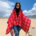 Red plaid oversized cape variant for women, perfect for summer travel and beach outdoor wear. - Red Checkered Poncho with Leather Buckle