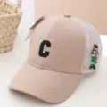 Kids beige baseball cap with black letter embroidery and cute side cartoon character patch. - 54cm / Mesh C Letter Style / Beige