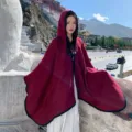 Ethnic style oversized hooded shawl for women, summer travel sun protection and outdoor daily use. - Wine Red Solid Poncho with Leather Buckle