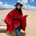 Red knitted poncho shawl for women, stylish oversized cape outer wear for travel and beach. - Bright Red Solid Belts