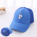 Kids blue mesh baseball cap with embroidered letter P, breathable snapback hat for boys and girls. - 54cm / Mesh P Letter Style / Blue