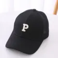 Kids black mesh baseball cap with white letter P embroidery, casual sun hat for boys and girls. - 54cm / Mesh P Letter Style / Black