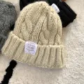 Cream knitted beanie hat, winter warm cable knit cap with cuff, soft slouchy headwear style. - M (56-58cm) / Beige