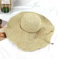 Beige Damen Strohhut mit breiter Krempe, handgefertigter hohler Sommer Strandhut mit Kordel Schleife. - M (56-58cm) / Beige