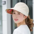 Beige sun hat for women, empty top design with floral brim and cute pearl side decor. - Adjustable / Pearl Beige