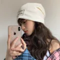 White knitted slouchy beanie hat for women, stylish retro casual spring streetwear hat. - 56-60cm Stretchy / Long Sewn Label Light Beige