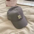 Stylish grey baseball cap with white embroidered R letter, casual streetwear curved brim hat. - Light Gray