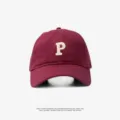 Burgundy cotton baseball cap with white embroidered P letter, classic adjustable casual hat. - Adjustable (55-59cm) / P Label / Burgundy