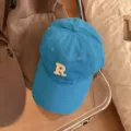 Blue baseball cap for women men, casual cotton dad hat with white embroidered letter R design. - Sky Blue