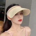 Woven Straw Empty Top Sun Visor Summer Beach UV Protection Anti-UV Hat Women Beachwear - One Size (55-58cm) / Plain Beige