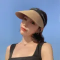 Summer straw sun visor hat for women, empty top beach UV protection cap with black band. - One Size (55-58cm) / Khaki with Black Band