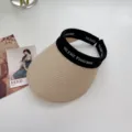 Beige straw sun visor hat with black band, empty top summer beach UV protection hat - One Size (55-58cm) / Black Strap Beige