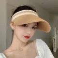 Women's straw sun visor empty top hat, beige and khaki colorblock beach hat for summer. - One Size (55-58cm) / Plain Coffee
