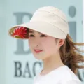 Beige empty top sun hat with wide brim and floral underside for outdoor summer UV protection - Adjustable / Plain Beige