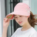 Women's pink empty-top sun hat with floral brim and pearl details, perfect for summer beach. - Adjustable / Pearl Light Pink