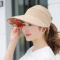Women khaki empty top sun visor hat with floral under brim, summer UV protection beach cap. - Adjustable / Plain Khaki
